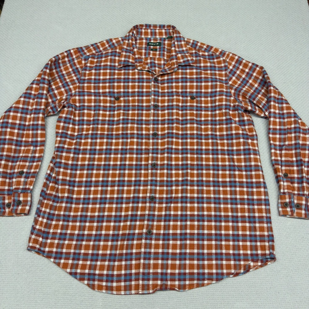 Orvis Flannel Shirt Mens XXL Tall Orange Blue Plaid Blanket Gorpcore Winter